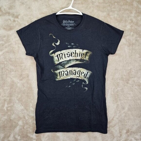 Harry Potter Tops - Harry Potter T-Shirt Mischief Managed Spell Out Logo Black Tee Short Sleeve
